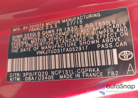 2015 Toyota Yaris L/Le из США, поврежденный, VIN VNKJTUD31FA052917